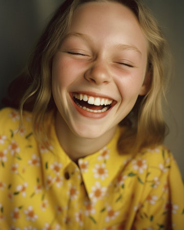 Portrait of a young sweet girl with a huge, wide smile, happy face and joyful eyes. A child who has a happy and peaceful childhood. Generative AI.の素材
