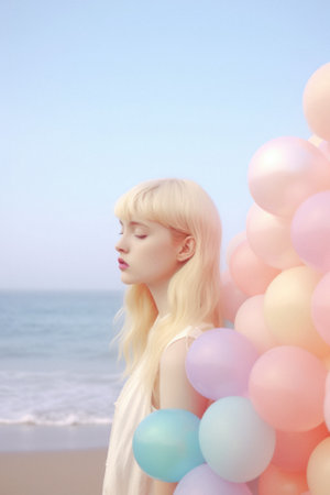 Summer landscape, summer sunny day on the beach, on the seashore. Girls on hot sand and helium balloons in the air. Generative AI.の素材