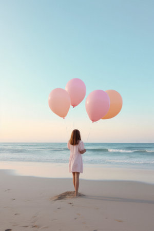 Summer landscape, summer sunny day on the beach, on the seashore. Girls on hot sand and helium balloons in the air. Generative AI.の素材