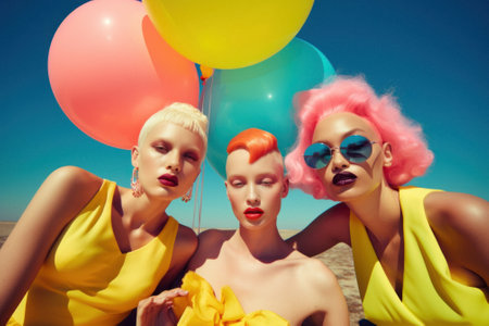 Summer landscape, summer sunny day on the beach, on the seashore. Girls on hot sand and helium balloons in the air. Generative AI.の素材