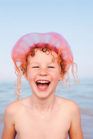 A happy little boy, smiling and happy that he emerged and caught an octopus from the depths of the sea on vacation. Hot sunny day on the beach. Generative AI.の素材