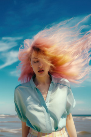 Summer portrait of a young beautiful smiling girl enjoying on the beach, on the hot sand, on the seashore. A postcard from a youthful, exciting, exotic trip. Generative AI.の素材
