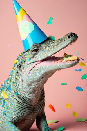 Fun animal party concept, crocodile having fun and dancing, confetti and balloons on pastel background. Celebration and partyingの素材