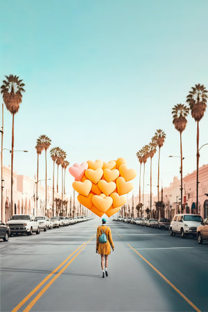 Creative colorful sweet, street party concept of a young girl in a bunch of helium balloons. Beautiful colorful balls as a symbol of fun and love. Generative AI.の素材