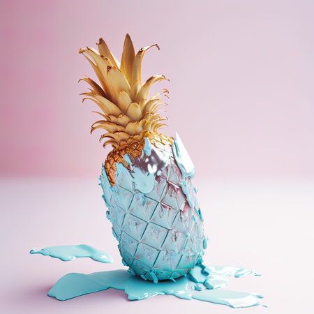 Abstract healthy creative fruit concept, exotic tropical pineapple dipped in iridescent paint. Vivid colors. Generative AI.の素材