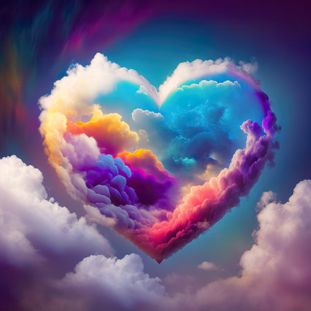 Love creative concept dense colorful clouds, vivid colors in the sky in the shape of a heart. Pastel iridescent colors. Generative AI.の素材