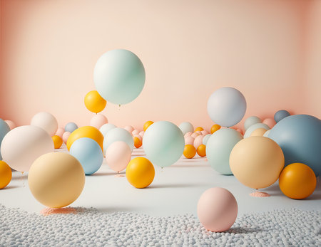 Creative fun concept of colorful helium balloons, balls surprise flying, party is in the air. Pastel pink background. Generative AI.の素材