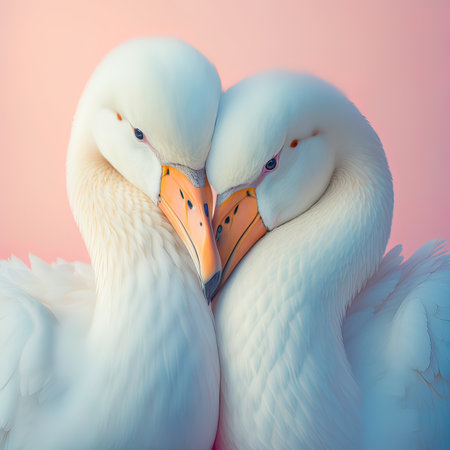 Pastel minimal portrait on a pastel pink background. Pure love of two cute baby animal swans hugging each other. Wild animals concept. Generative AI.の素材