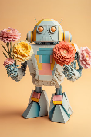 A small retro vintage robot that has fresh flower bouquet on a pastel background. A futuristic way to show love during the holidays. Generative AI.の素材