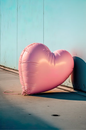 A large helium pink heart shaped balloon flying through the city. A symbol of love and a gift for Valentine's Day. Love is in the air. Generative AI.の素材