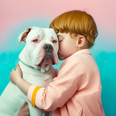 Pastel love portrait on a pastel background, pure love of two cute baby dog and human hugging each other, a cute little child playfully hang out with pet. Animal concept. Generative AI.の素材
