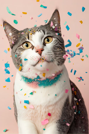 Fun animal party concept, cat having fun and dancing, confetti and balloons on pastel background. Celebration and partyingの素材
