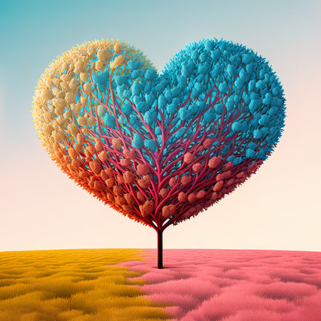 Abstract, illustrated landscape of a big beautiful tree in the shape of a heart. Nature changes its shape for love, for Valentine's Day. Generative AI.の素材