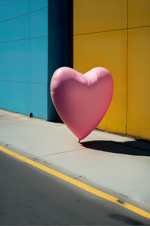 A large helium pink heart shaped balloon flying through the city. A symbol of love and a gift for Valentine's Day. Love is in the air. Generative AI.の素材