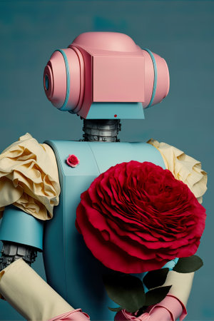 A small retro vintage robot that has fresh red and pink roses on a blue background. A futuristic way to show love during the holidays. Generative AI.の素材