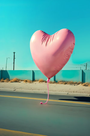 A large helium pink heart shaped balloon flying through the city. A symbol of love and a gift for Valentine's Day. Love is in the air. Generative AI.の素材