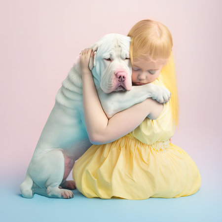 Pastel love portrait on a pastel background, pure love of two cute baby dog and human hugging each other, a cute little child playfully hang out with pet. Animal concept. Generative AI.の素材