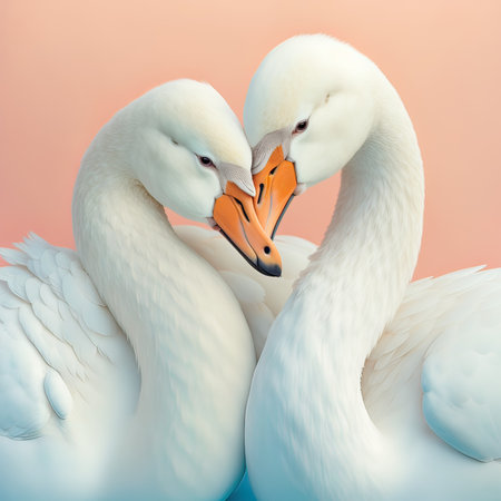 Pastel minimal portrait on a pastel pink background. Pure love of two cute baby animal swans hugging each other. Wild animals concept. Generative AI.の素材