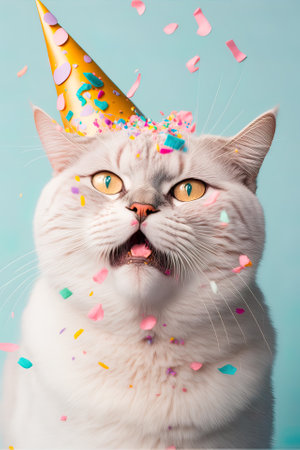 Fun animal party concept, cat having fun and dancing, confetti and balloons on pastel background. Celebration and partyingの素材