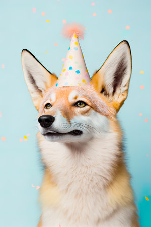 Fun animal party concept, fox having fun and dancing, confetti and balloons on pastel background. Celebration and partyingの素材