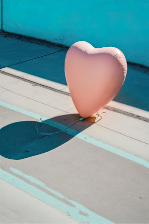 A large helium pink heart shaped balloon flying through the city. A symbol of love and a gift for Valentine's Day. Love is in the air. Generative AI.の素材