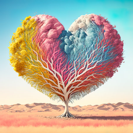 Abstract, illustrated landscape of a big beautiful tree in the shape of a heart. Nature changes its shape for love, for Valentine's Day. Generative AI.の素材
