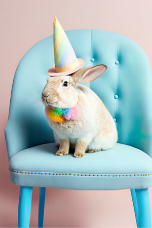 Fun animal party concept, rabbit having fun and dancing, confetti and balloons on pastel background. Celebration and partyingの素材