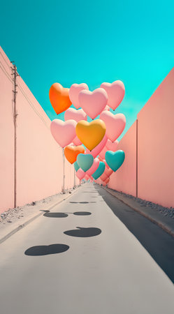 Creative colorful street party concept of a landscape full of bunch of helium balloons. Beautiful colorful balls as a symbol of fun and love. Generative AI.の素材