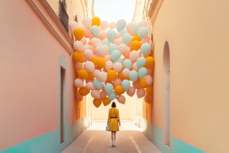 Creative colorful sweet, street party concept of a young girl in a bunch of helium balloons. Beautiful colorful balls as a symbol of fun and love. Generative AI.の素材