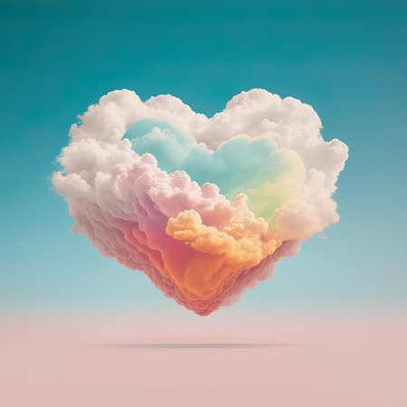 Love creative concept dense colorful clouds, vivid colors in the sky in the shape of a heart. Pastel iridescent colors. Generative AI.の素材