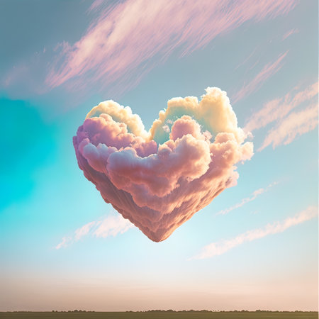 Love creative concept dense colorful clouds, vivid colors in the sky in the shape of a heart. Pastel iridescent colors. Generative AI.の素材