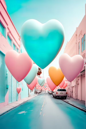 Creative colorful street party concept of a landscape full of bunch of helium balloons. Beautiful colorful balls as a symbol of fun and love. Generative AI.の素材