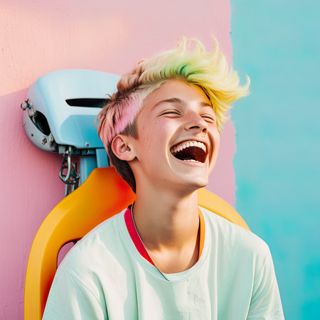 Young cute hipster with colorful hairstyle, short hair smiling cheerful face resting during sunny day, vacation mood on. Generative AI.の素材