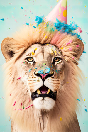 Fun animal party concept, lion having fun and dancing, confetti and balloons on pastel background. Celebration and partyingの素材