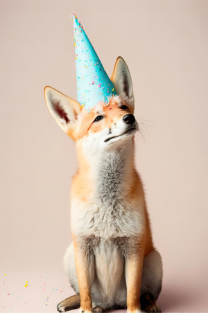 Fun animal party concept, fox having fun and dancing, confetti and balloons on pastel background. Celebration and partyingの素材