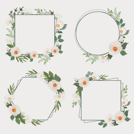 white camellia flower bouquet wreath frame collection flat styleのイラスト素材