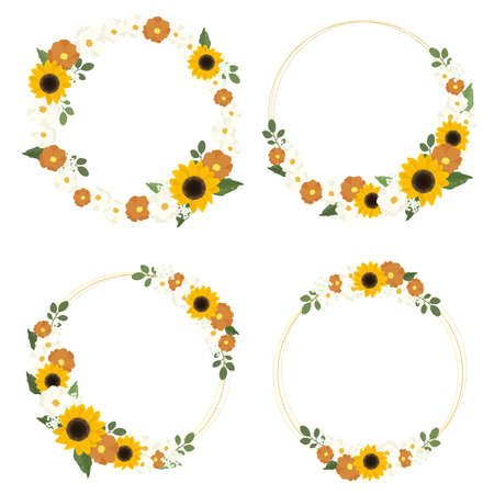 yellow sunflower wreath with golden round frame for spring or autumn collection eps10 vectors illustrationのイラスト素材