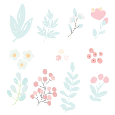 cute hand draw style pastel pink and blue spring tiny little flower and leaf collectionのイラスト素材