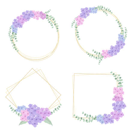 flat style hydrangea flower bouquet wreath  with golden luxury frame collection  on white background isolatedのイラスト素材