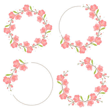 pink magnolia flower bloom wreath frame flat style collectionのイラスト素材