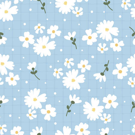 flat style white daisy flower on blue plaid background seamless patternのイラスト素材