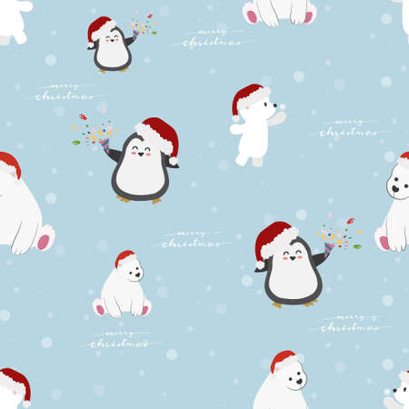 funny animals Christmas party on falling snow seamless pattern eps10 vectors illustrationのイラスト素材