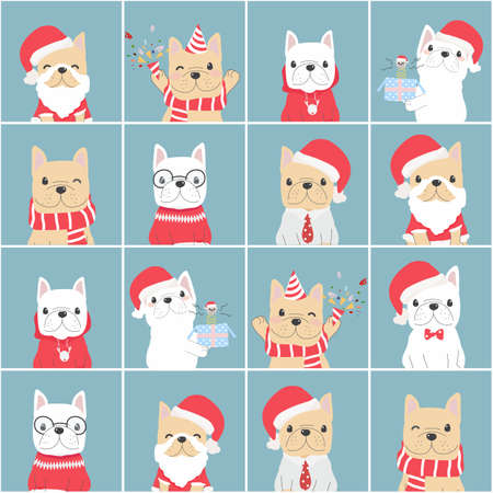 cute french bulldog Christmas flat style block seamless patternのイラスト素材