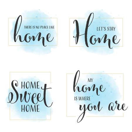 home quote calligraphy on blue watercolor background with golden frame collectionのイラスト素材
