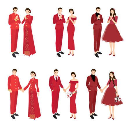 Chinese wedding couple in traditional red dress holding hands and greeting for chinese new year collection  vectors illustrationのイラスト素材