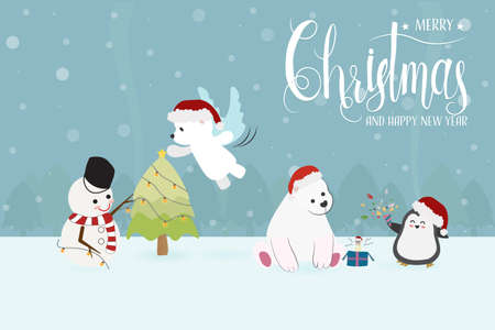 cute funny christmas charactor snowman and animals in party eps10 vector illustrationのイラスト素材