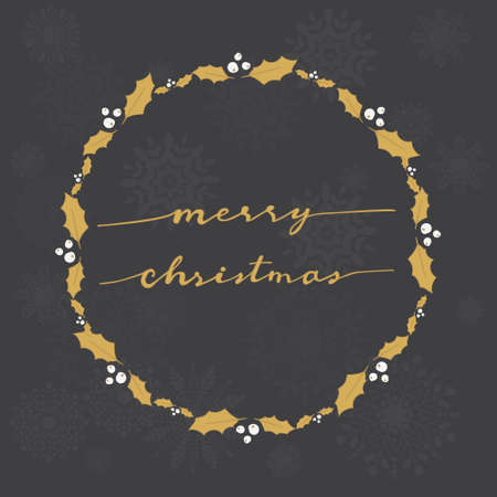 golden merry christmas wreath frame with hand written calligraphy eps10 vector illustrationのイラスト素材