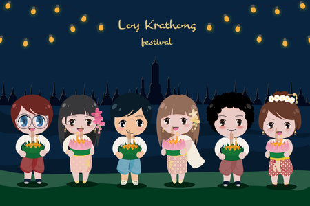 cute flat style Thai kid in traditional dress Loy Krathong in Thailand flower floating festival collection isolated on white backgroundのイラスト素材