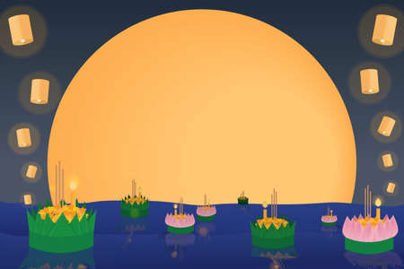 Thai traditional floating flowers loy kratong thailand festival full super moon background night and temple scene celebration culture with copy space eps10 vector illustrationのイラスト素材