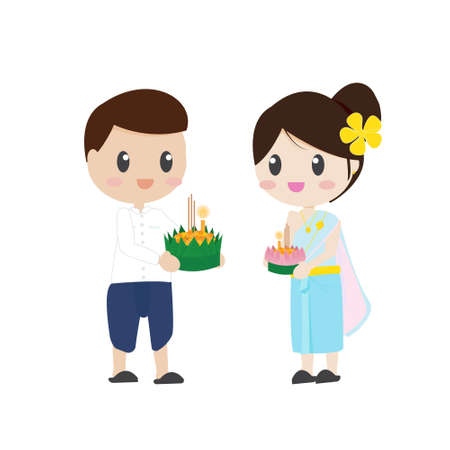 cute Thai couple on floating flowers Loy Krathong festival on white background isolated eps10 vector illustrationのイラスト素材